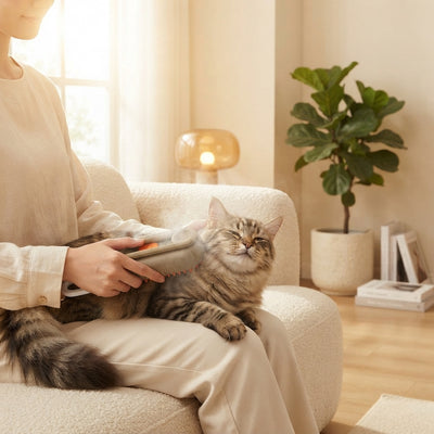 A person calmly grooming a relaxed cat with a steam brush in a sunlit, modern living room with warm cream and amber decor.