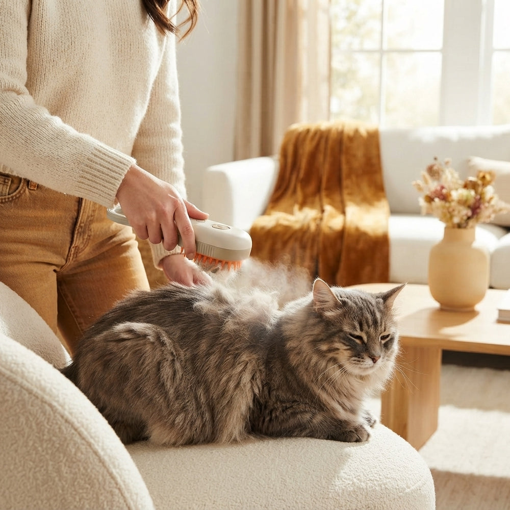 A person using a steam grooming brush on a cat in a bright, modern living room.
